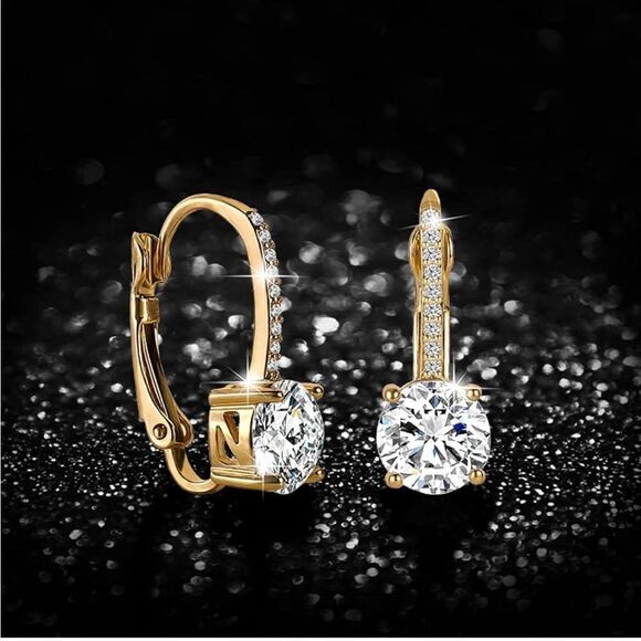 18K Yellow Gold with White Diamond Cubic Zirconia Leverback Dangling Earrings - Picture 3 of 6